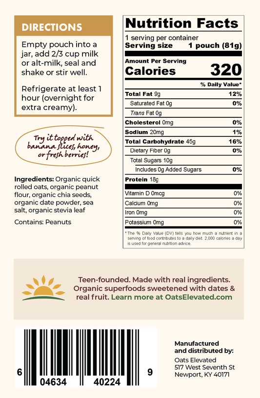 Back label of Oats Elevated Peanut Butter Overnight Oats including Nutrition Facts, Ingredients, Directions, and more.