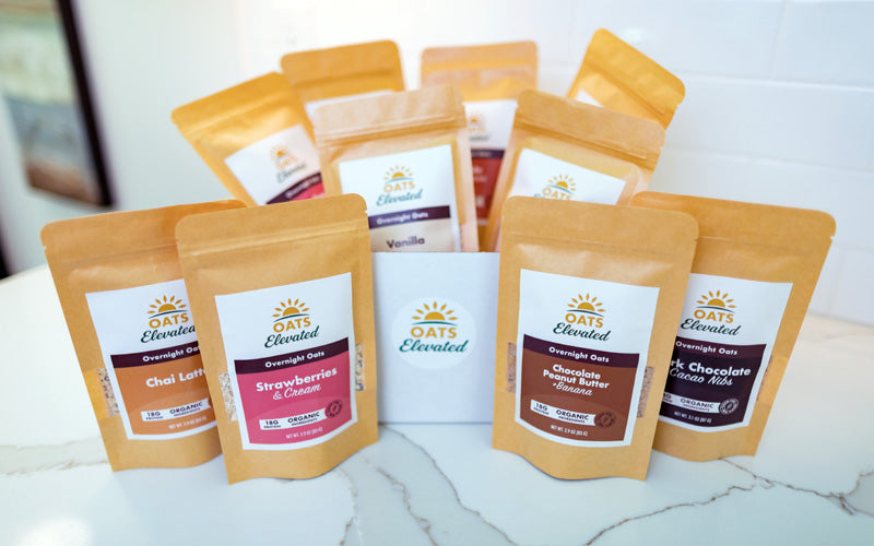 Oats Elevated Sample 10-pack bundle showcasing ten packages, some in an Oats Elevated shipping box.