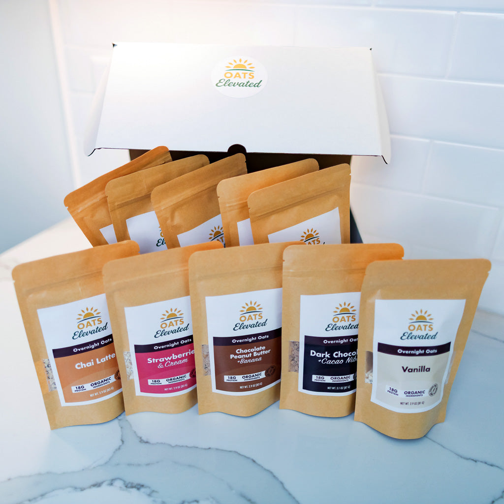 Oats Elevated Sample 10-pack bundle showcasing ten packages, some in an Oats Elevated shipping box.