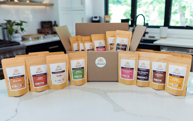 Oats Elevated Sample multi-pack bundle showcasing over twenty packages, some in an Oats Elevated shipping box.