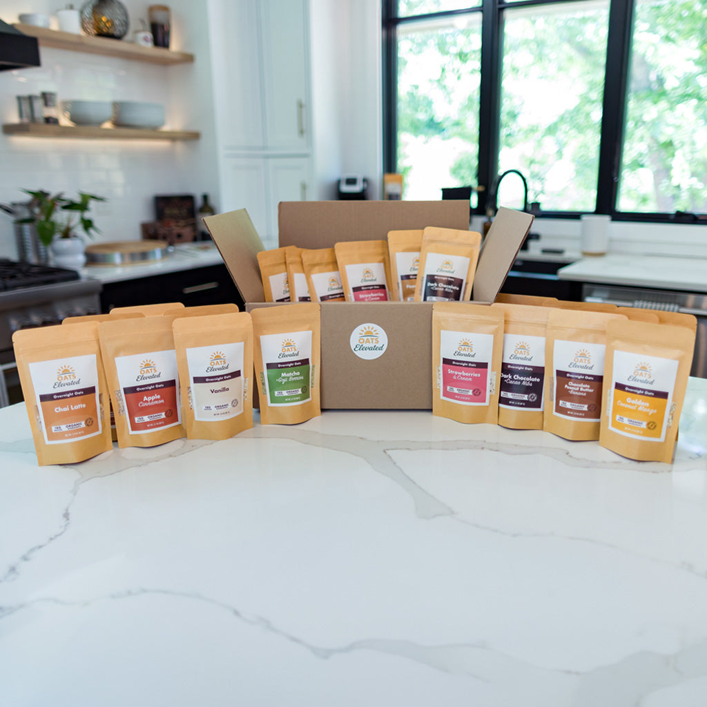 Oats Elevated Sample 30-pack bundle showcasing thirty packages, some in an Oats Elevated shipping box.