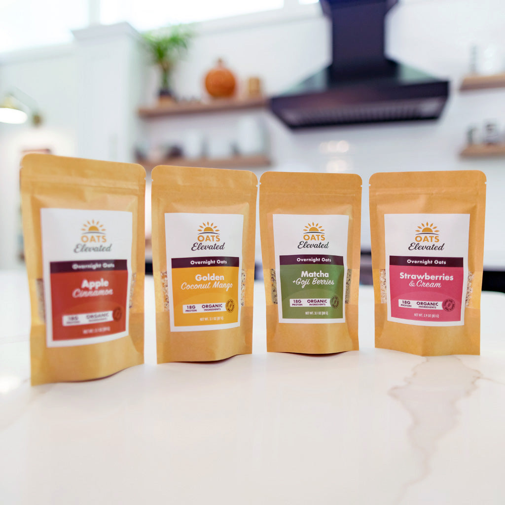 Oats Elevated package display of four different flavors of overnight oats.