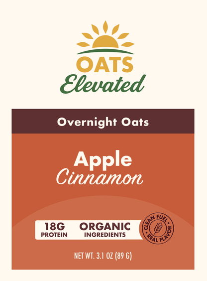 Front label of Oats Elevated Apple Cinnamon Overnight Oats with organic ingredients and 18 grams of protein.