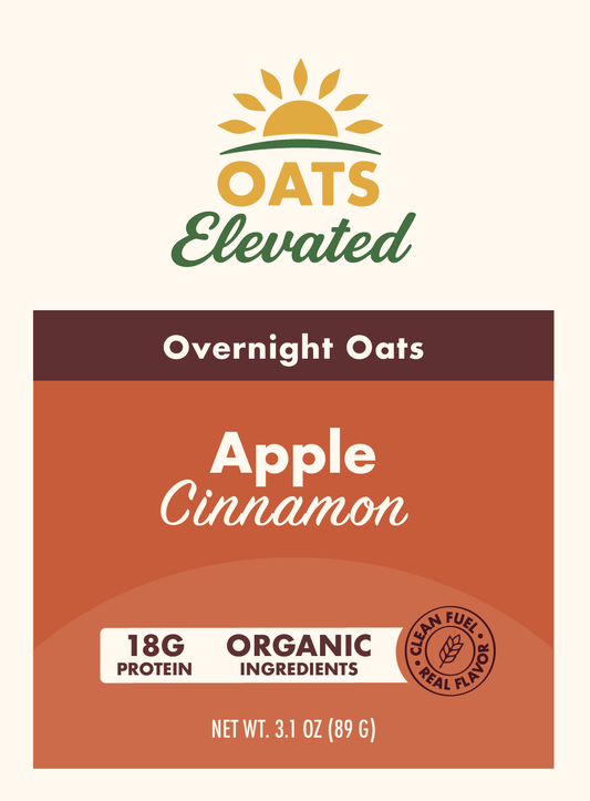 Front label of Oats Elevated Apple Cinnamon Overnight Oats with organic ingredients and 18 grams of protein.