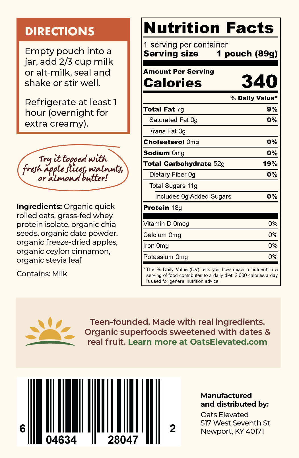 Back label of Oats Elevated Apple Cinnamon Overnight Oats including Nutrition Facts, Ingredients, Directions, and more. 