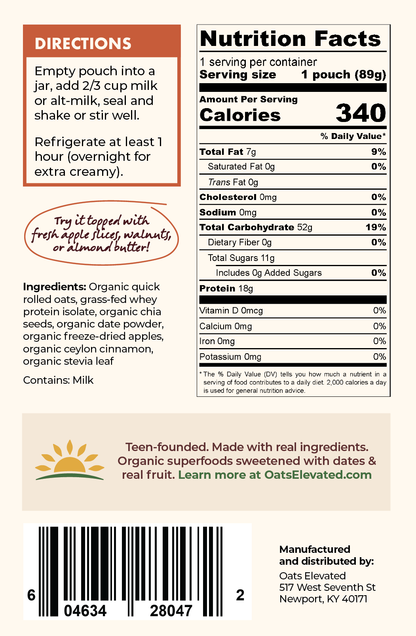 Back label of Oats Elevated Apple Cinnamon Overnight Oats including Nutrition Facts, Ingredients, Directions, and more. 