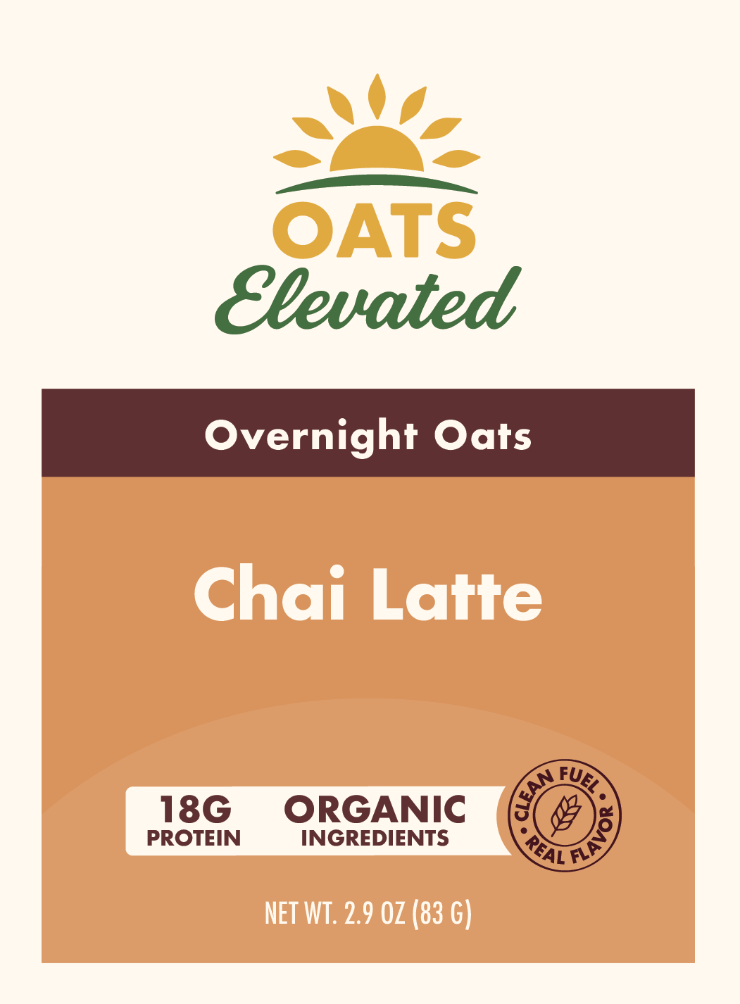 Front label of Oats Elevated Chai Latte Overnight Oats with organic ingredients and 18 grams of protein.