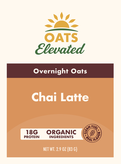 Front label of Oats Elevated Chai Latte Overnight Oats with organic ingredients and 18 grams of protein.