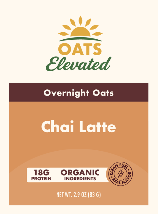Front label of Oats Elevated Chai Latte Overnight Oats with organic ingredients and 18 grams of protein.