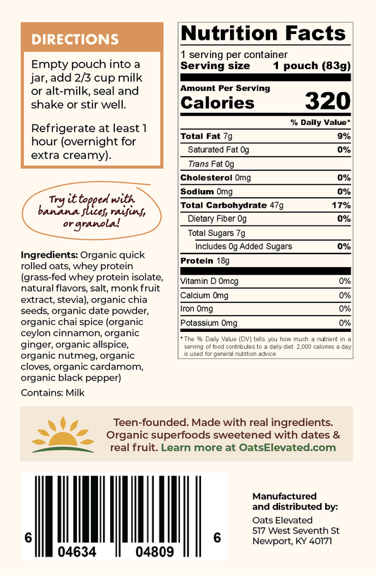 Back label of Oats Elevated Chai Latte Overnight Oats including Nutrition Facts, Ingredients, Directions, and more. 