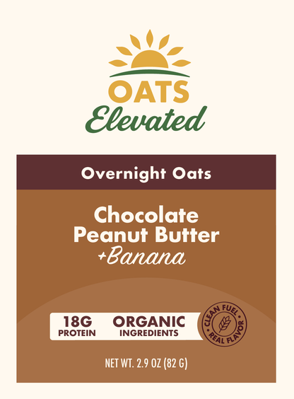 Front label of Oats Elevated Chocolate Peanut Butter plus Banana Overnight Oats with organic ingredients and 18 grams of protein.