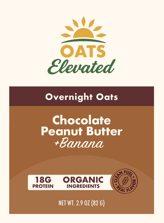 Front label of Oats Elevated Chocolate Peanut Butter plus Banana Overnight Oats with organic ingredients and 18 grams of protein.