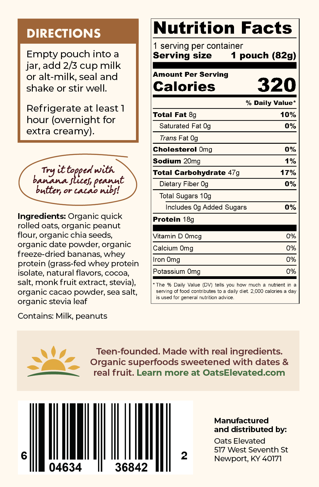 Back label of Oats Elevated Chocolate Peanut Butter plus Banana Overnight Oats including Nutrition Facts, Ingredients, Directions, and more. 