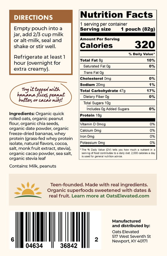 Back label of Oats Elevated Chocolate Peanut Butter plus Banana Overnight Oats including Nutrition Facts, Ingredients, Directions, and more. 