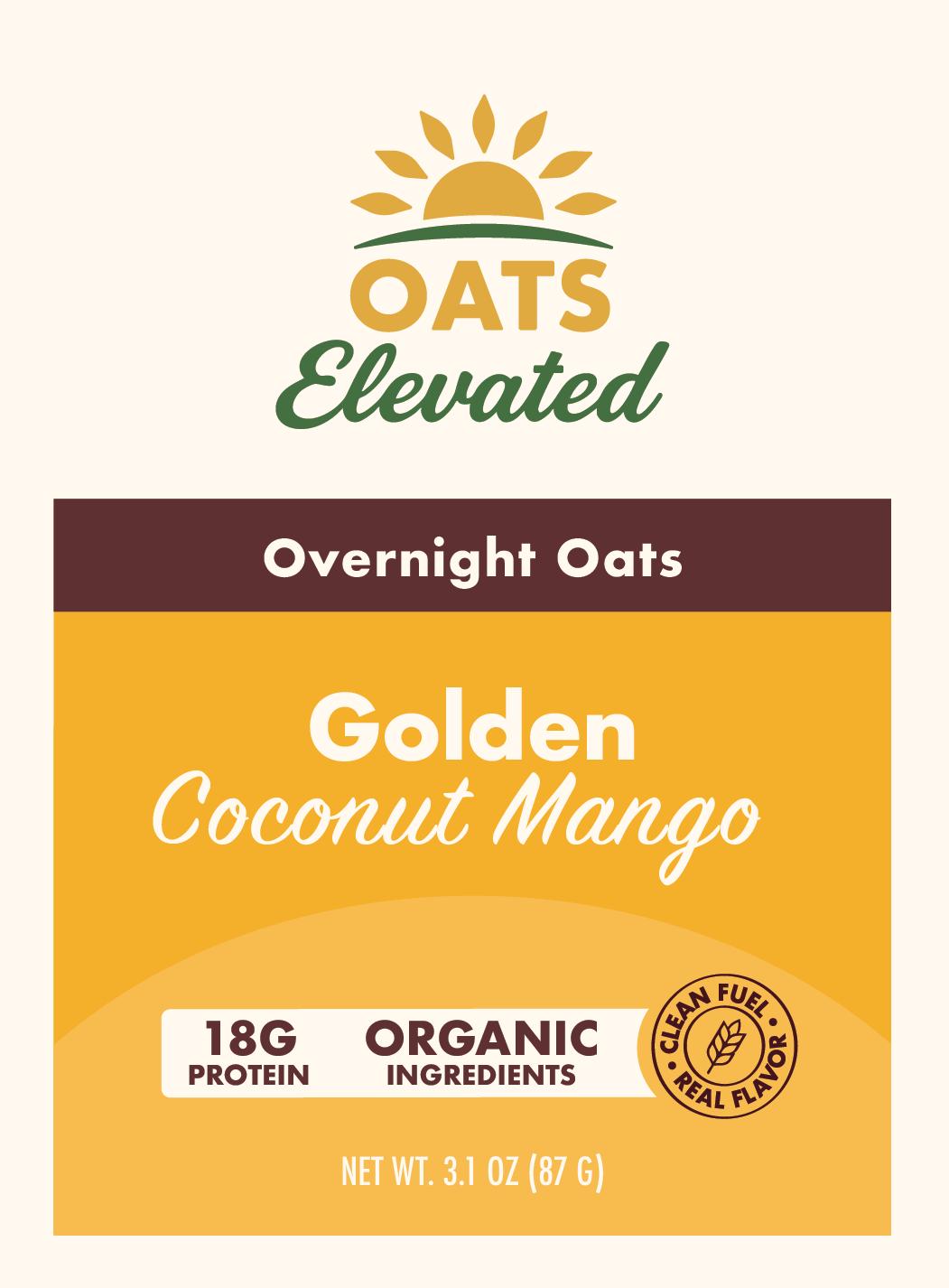 Front label of Oats Elevated Golden Coconut Mango Overnight Oats with organic ingredients and 18 grams of protein.