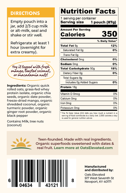 Back label of Oats Elevated Golden Coconut Mango Overnight Oats including Nutrition Facts, Ingredients, Directions, and more. 