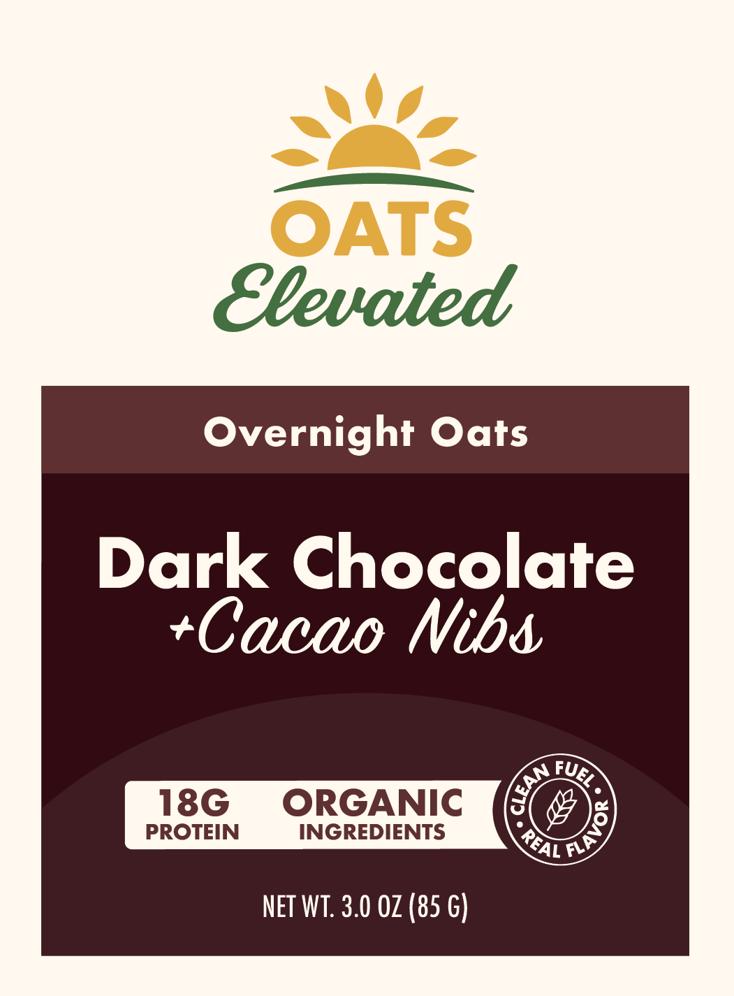 Front label of Oats Elevated Dark Chocolate plus Cacao Nibs Overnight Oats with organic ingredients and 18 grams of protein.