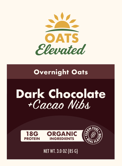 Front label of Oats Elevated Dark Chocolate plus Cacao Nibs Overnight Oats with organic ingredients and 18 grams of protein.