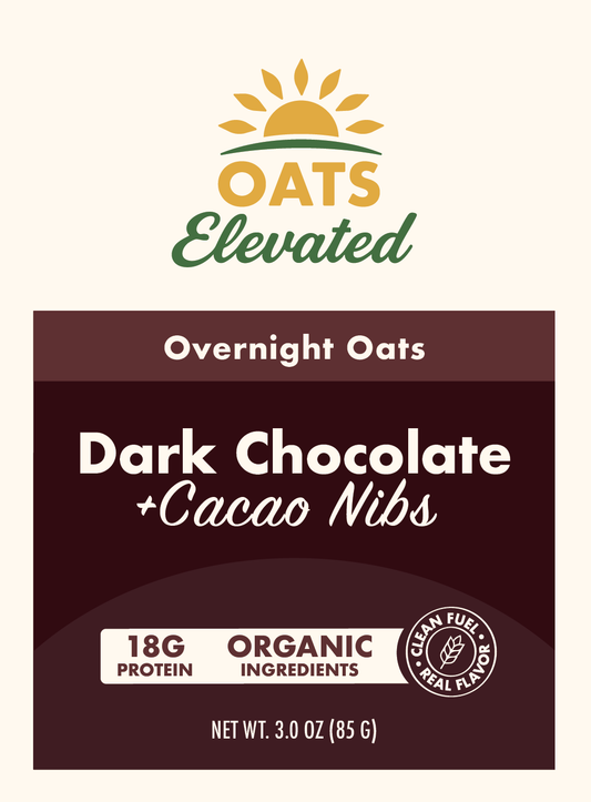 Front label of Oats Elevated Dark Chocolate plus Cacao Nibs Overnight Oats with organic ingredients and 18 grams of protein.