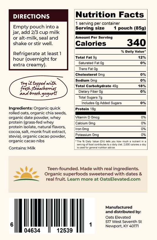Back label of Oats Elevated Dark Chocolate plus Cacao Nibs Overnight Oats including Nutrition Facts, Ingredients, Directions, and more. 
