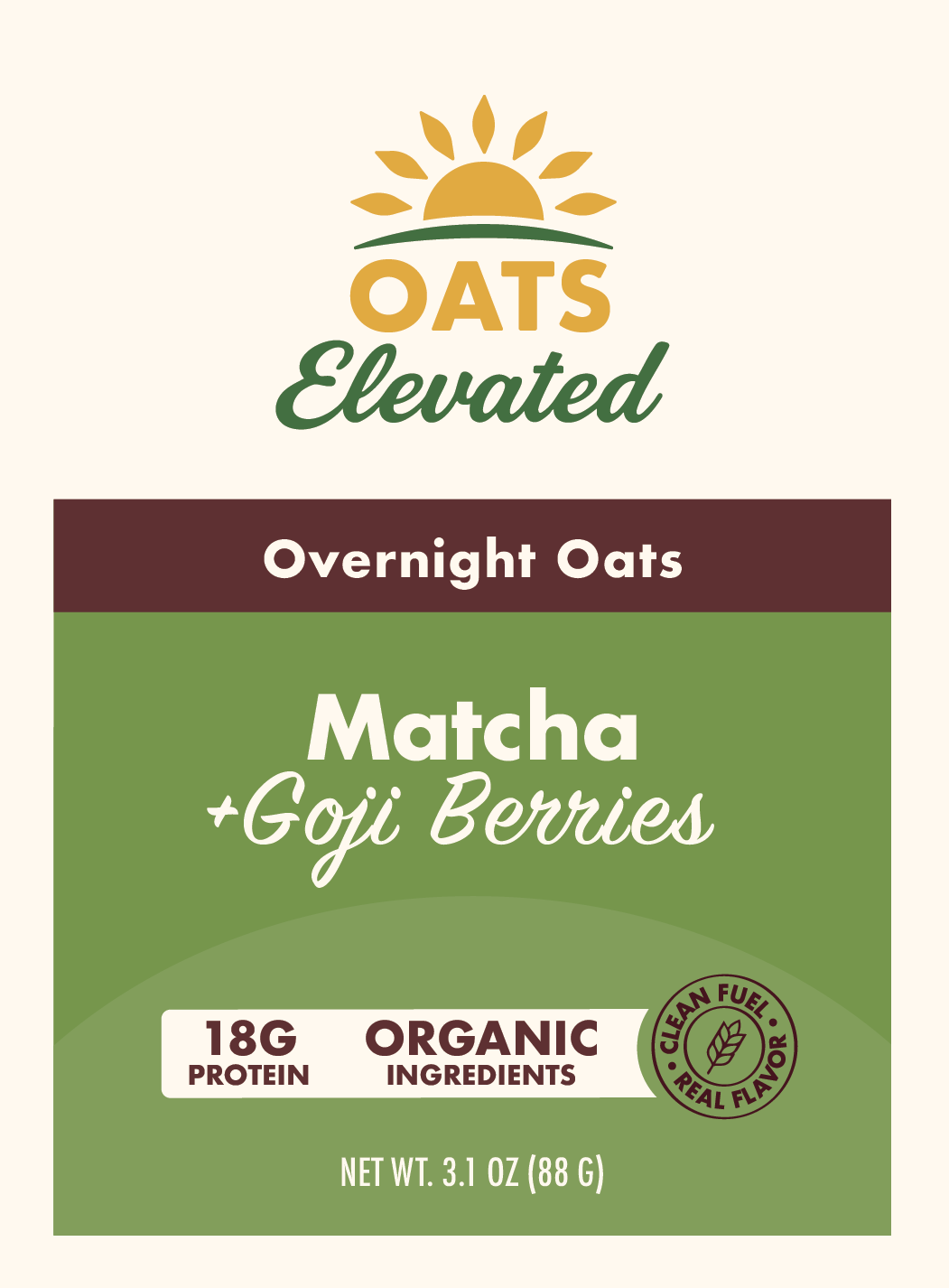 Front label of Oats Elevated Matcha plus Goji Berries Overnight Oats with organic ingredients and 18 grams of protein.