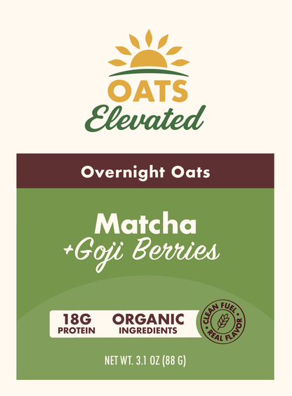 Front label of Oats Elevated Matcha plus Goji Berries Overnight Oats with organic ingredients and 18 grams of protein.