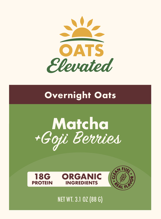 Front label of Oats Elevated Matcha plus Goji Berries Overnight Oats with organic ingredients and 18 grams of protein.
