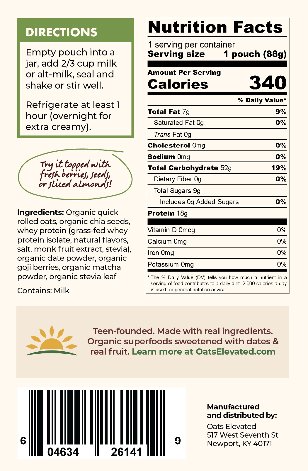 Back label of Oats Elevated Matcha plus Goji Berries Overnight Oats including Nutrition Facts, Ingredients, Directions, and more. 