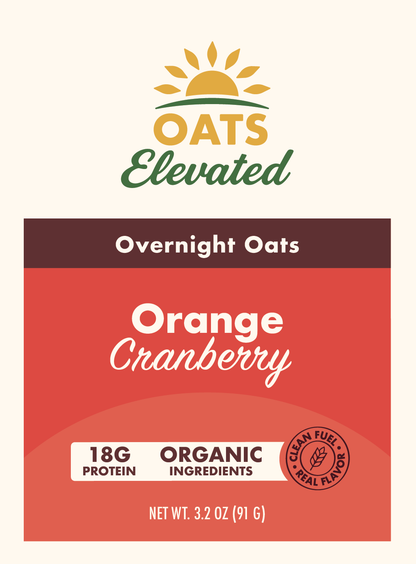 Front label of Oats Elevated Orange Cranberry Overnight Oats with organic ingredients and 18 grams of protein.