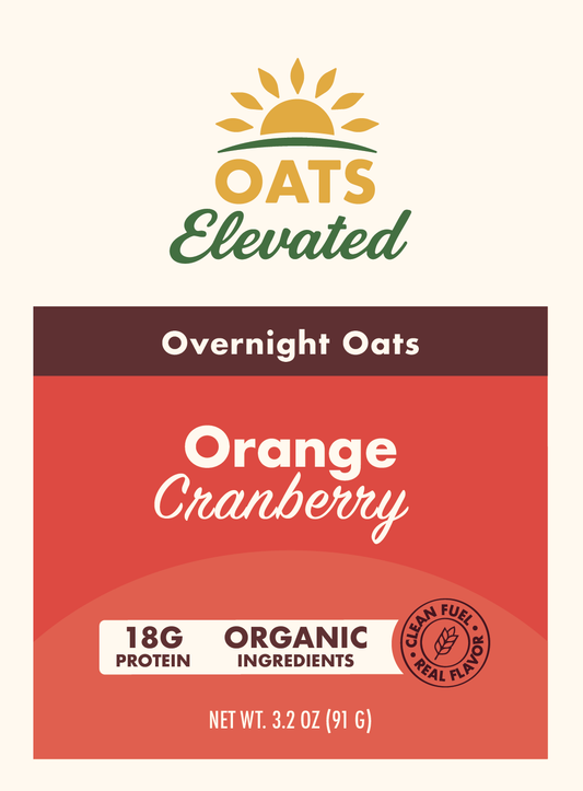 Front label of Oats Elevated Orange Cranberry Overnight Oats with organic ingredients and 18 grams of protein.