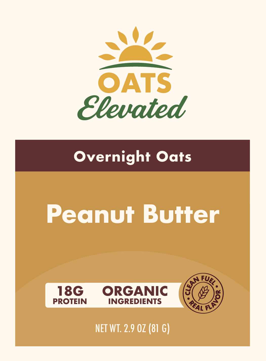 Front label of Oats Elevated Peanut Butter Overnight Oats with organic ingredients and 18 grams of protein.