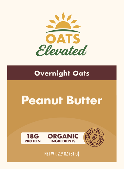 Front label of Oats Elevated Peanut Butter Overnight Oats with organic ingredients and 18 grams of protein.