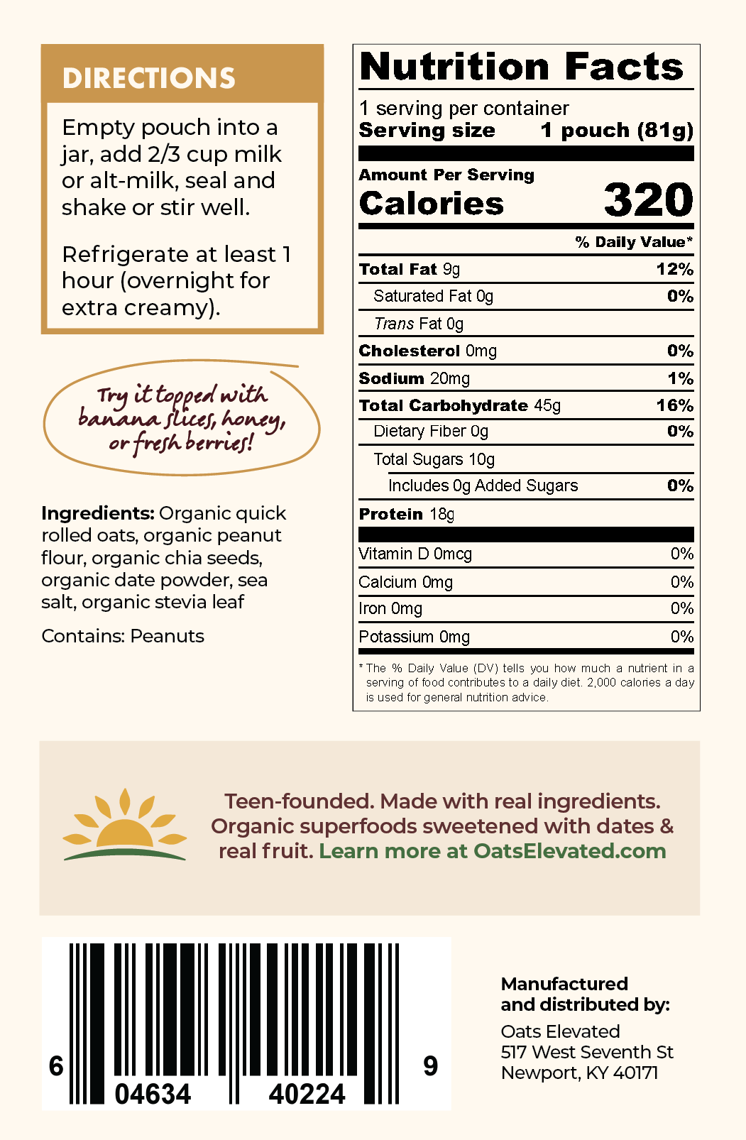 Back label of Oats Elevated Peanut Butter Overnight Oats including Nutrition Facts, Ingredients, Directions, and more. 