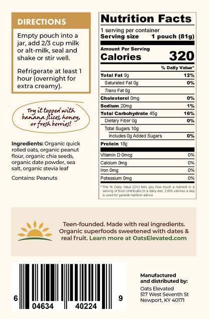 Back label of Oats Elevated Peanut Butter Overnight Oats including Nutrition Facts, Ingredients, Directions, and more. 