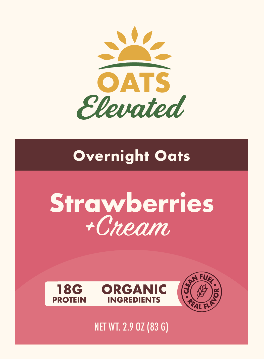 Front label of Oats Elevated Strawberries & Cream Overnight Oats with organic ingredients and 18 grams of protein.