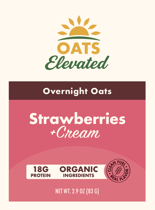 Front label of Oats Elevated Strawberries & Cream Overnight Oats with organic ingredients and 18 grams of protein.
