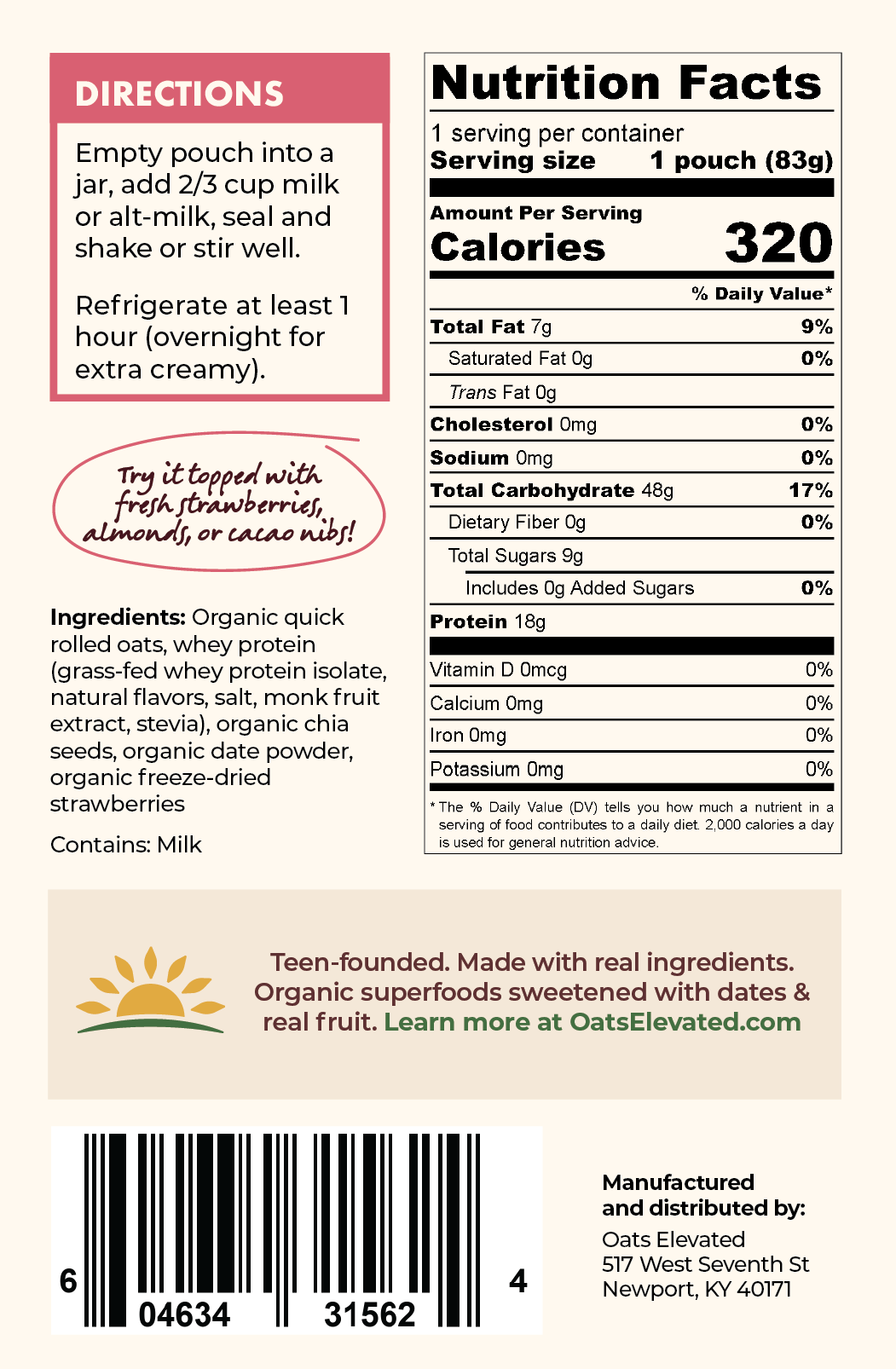Back label of Oats Elevated Strawberries & Cream Overnight Oats including Nutrition Facts, Ingredients, Directions, and more. 