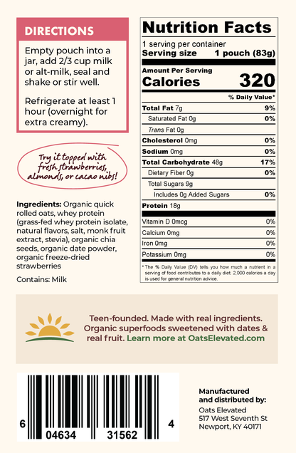 Back label of Oats Elevated Strawberries & Cream Overnight Oats including Nutrition Facts, Ingredients, Directions, and more. 