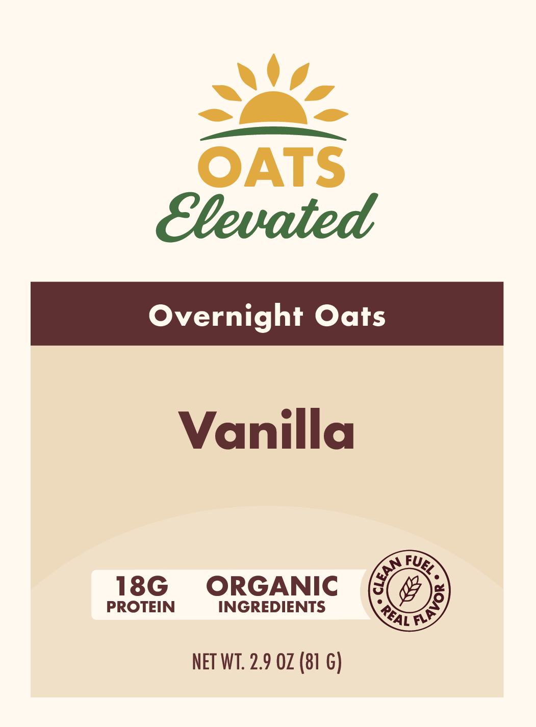Front label of Oats Elevated Vanilla Overnight Oats with organic ingredients and 18 grams of protein.