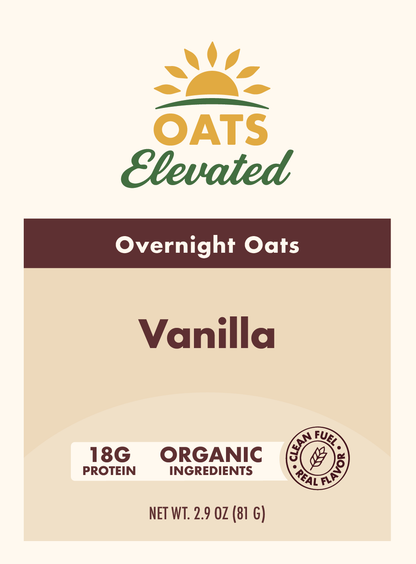 Front label of Oats Elevated Vanilla Overnight Oats with organic ingredients and 18 grams of protein.