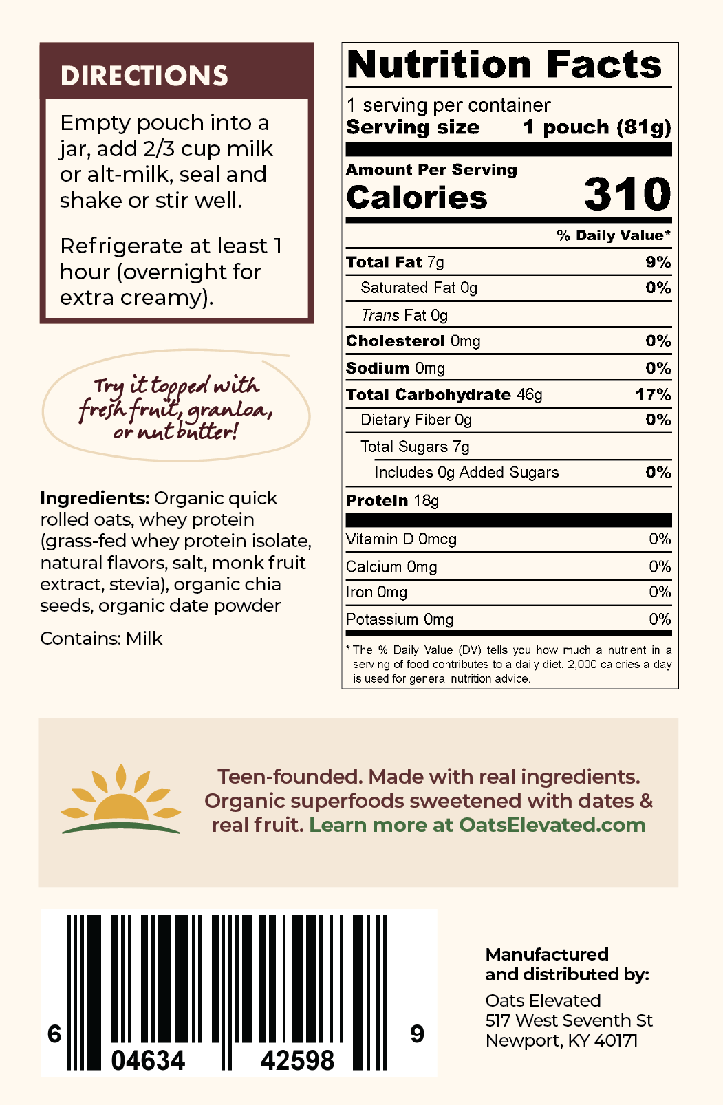 Back label of Oats Elevated Vanilla Overnight Oats including Nutrition Facts, Ingredients, Directions, and more. 