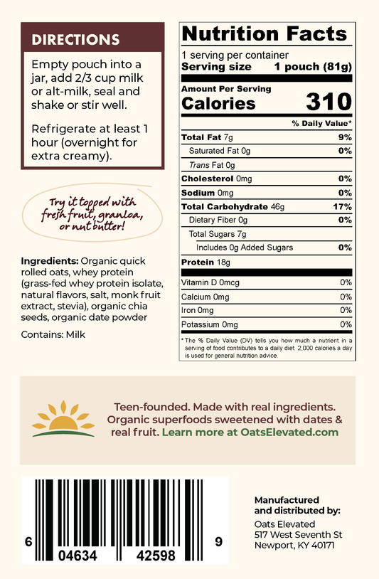 Back label of Oats Elevated Vanilla Overnight Oats including Nutrition Facts, Ingredients, Directions, and more. 