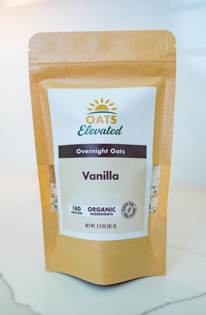 Front of package of Oats Elevated Vanilla Overnight Oats with organic ingredients, high-protein breakfast.